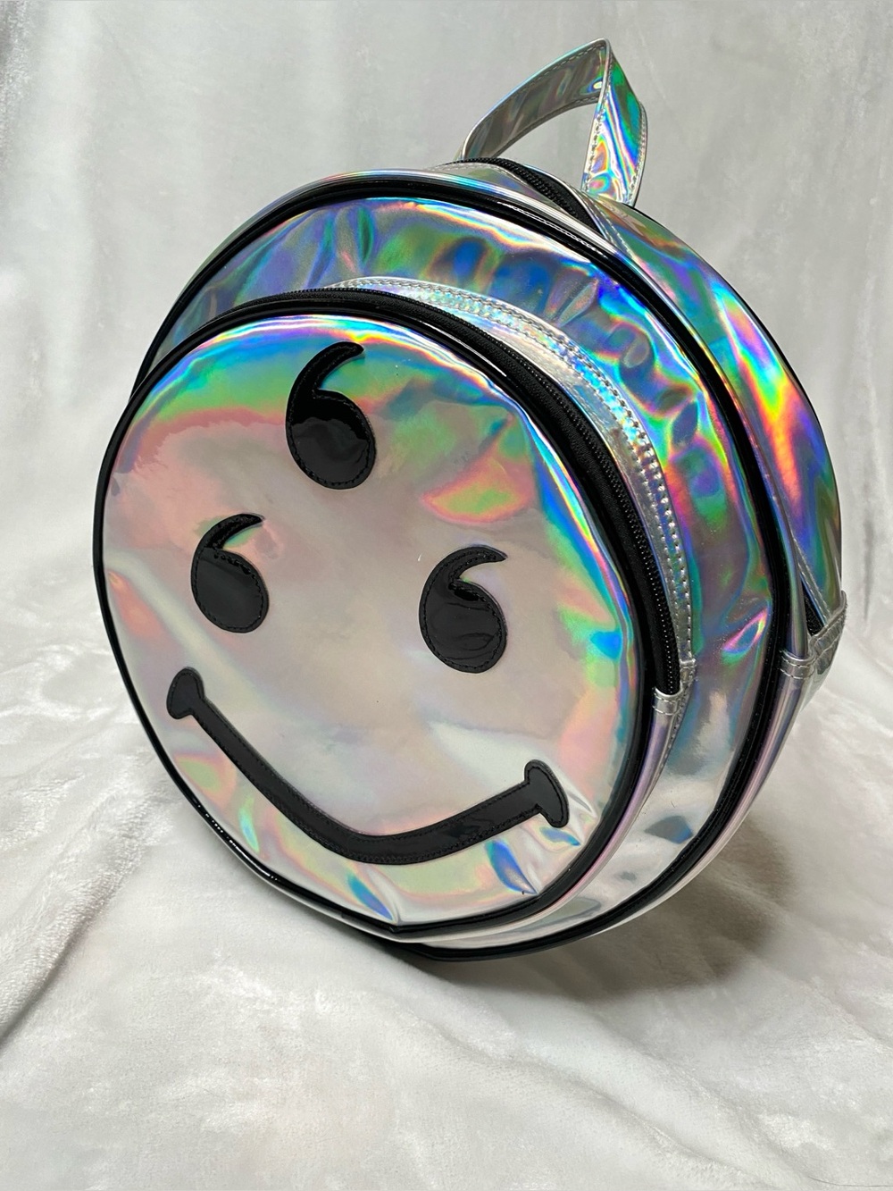 666 Holographic Smiley PVC Cyber Rave Grunge Backpack RARE - Picture 1 of 16